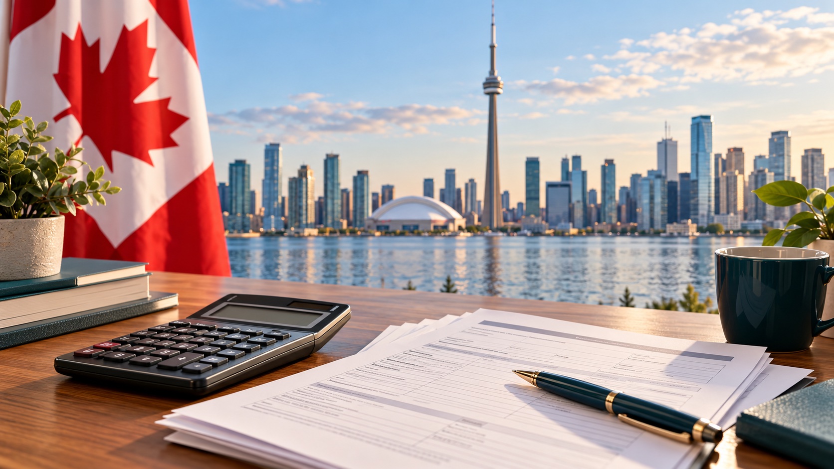 Toronto skyline, Canadian flag, calculator and generic tax documents illustrating OINP earnings history scoring